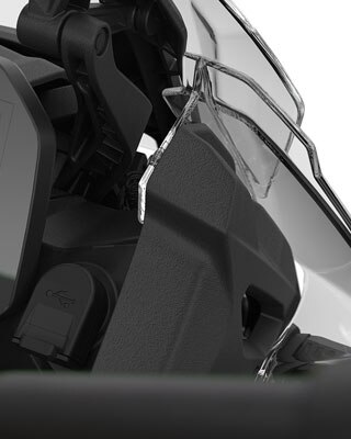 We see the touring windshield and USB port of the F 850 GS Adventure.