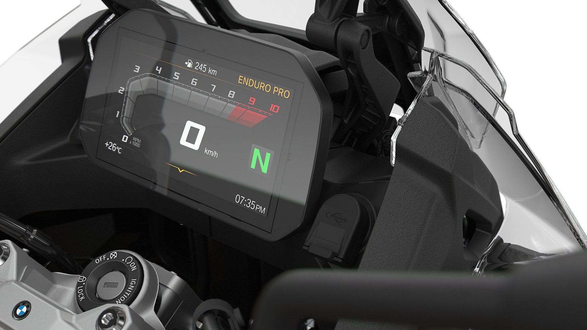 We see the touring windshield and USB port of the F 850 GS Adventure.