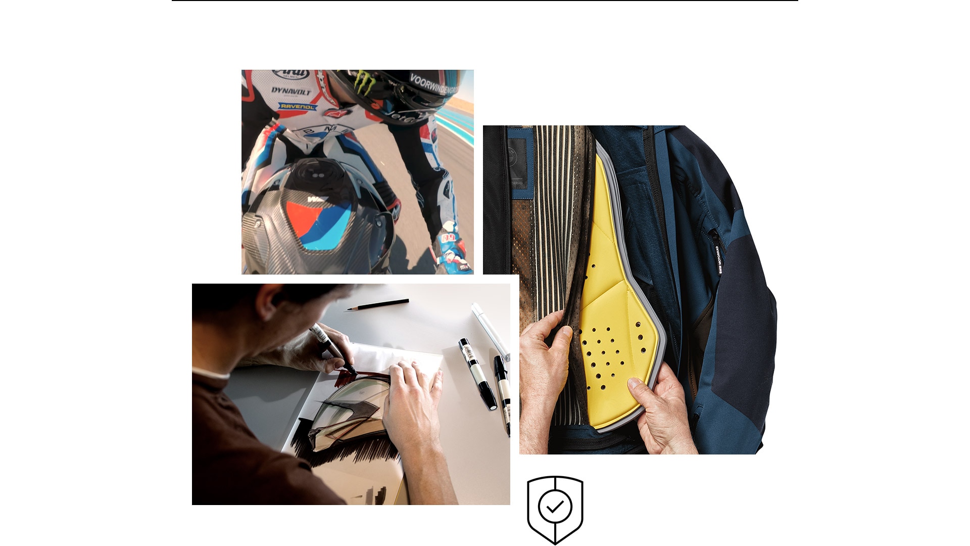 Collage with BMW Motorrad safety features, such as the interchangeable protectors